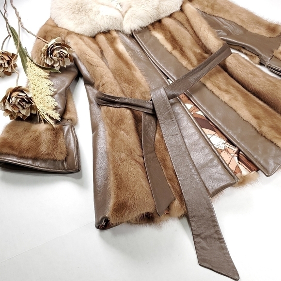 Sedran Furs Vintage Mink Leather Belted Fur Coat Combo - Picture 7 of 16